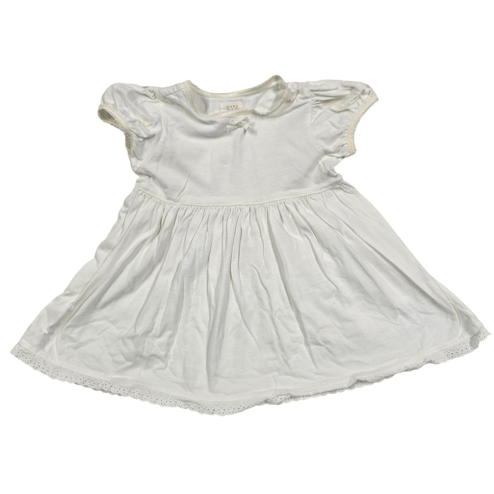 babyGap White 100% Cotton Eyelet Lace Trim Puff Sleeve T Shirt Dress 6-12 VTG
